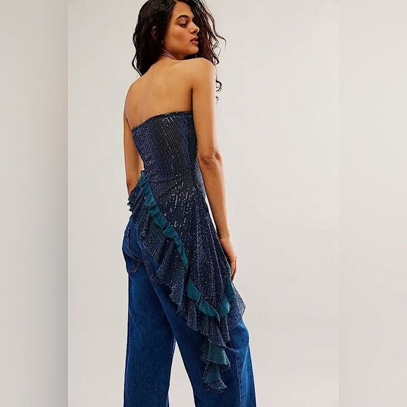 Free People Blue Taylor Sequin Tube Top Sz M - Picture 5 of 6
